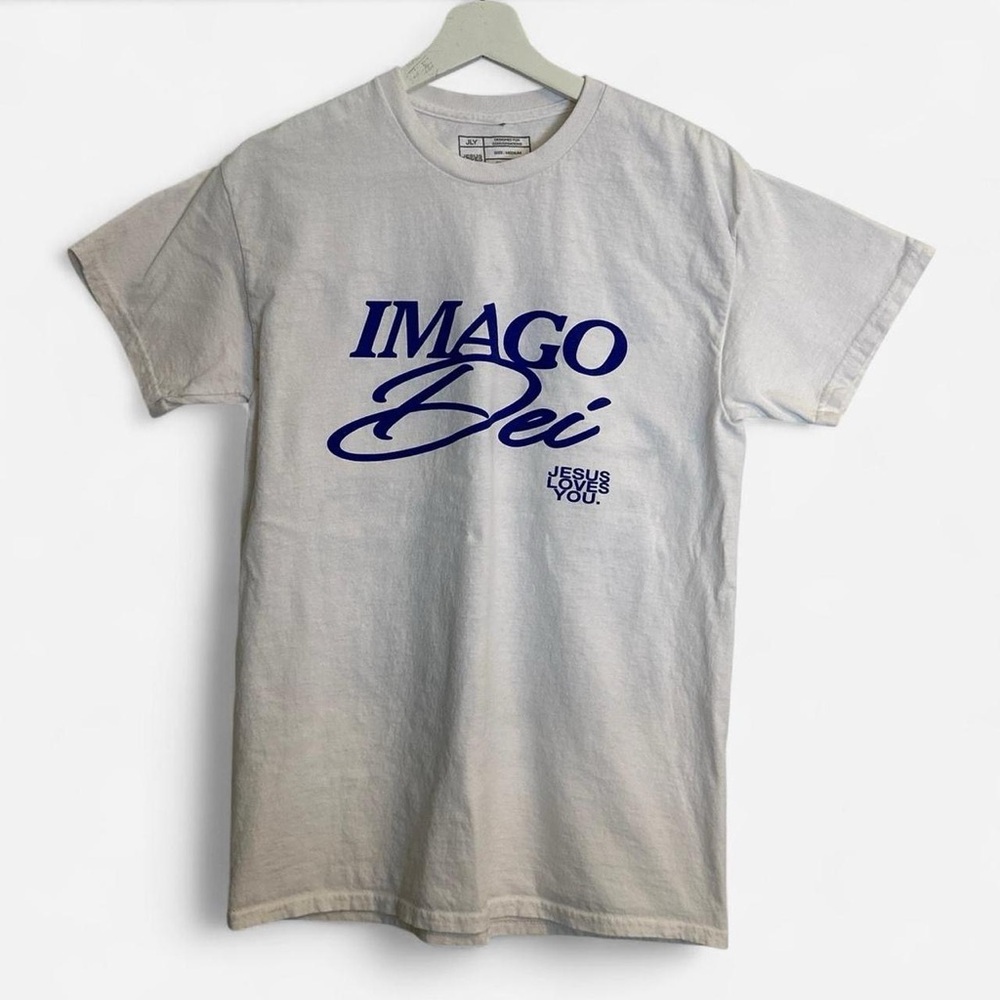 White and Blue Jesus Loves You Retro Camera graphic tee #ImagoDei Size Medium